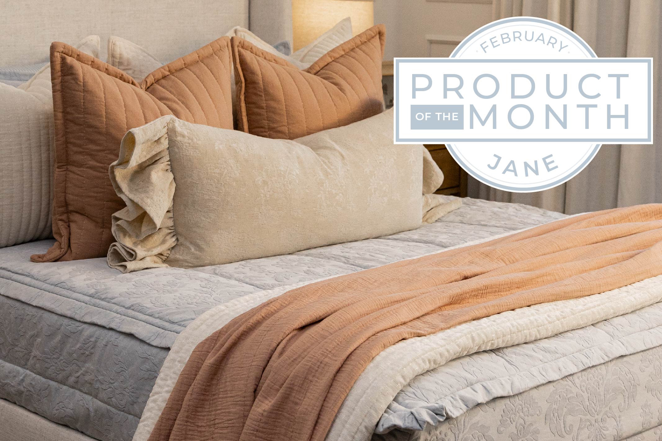 An infographic detailing the product of the month for February is Jane Luxe with the zipper bedding showcased.