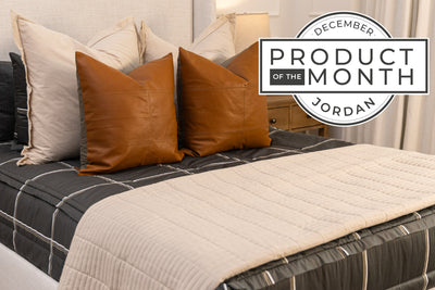 An infographic detailing the product of the month for December is Jordan with the zipper bedding showcased.