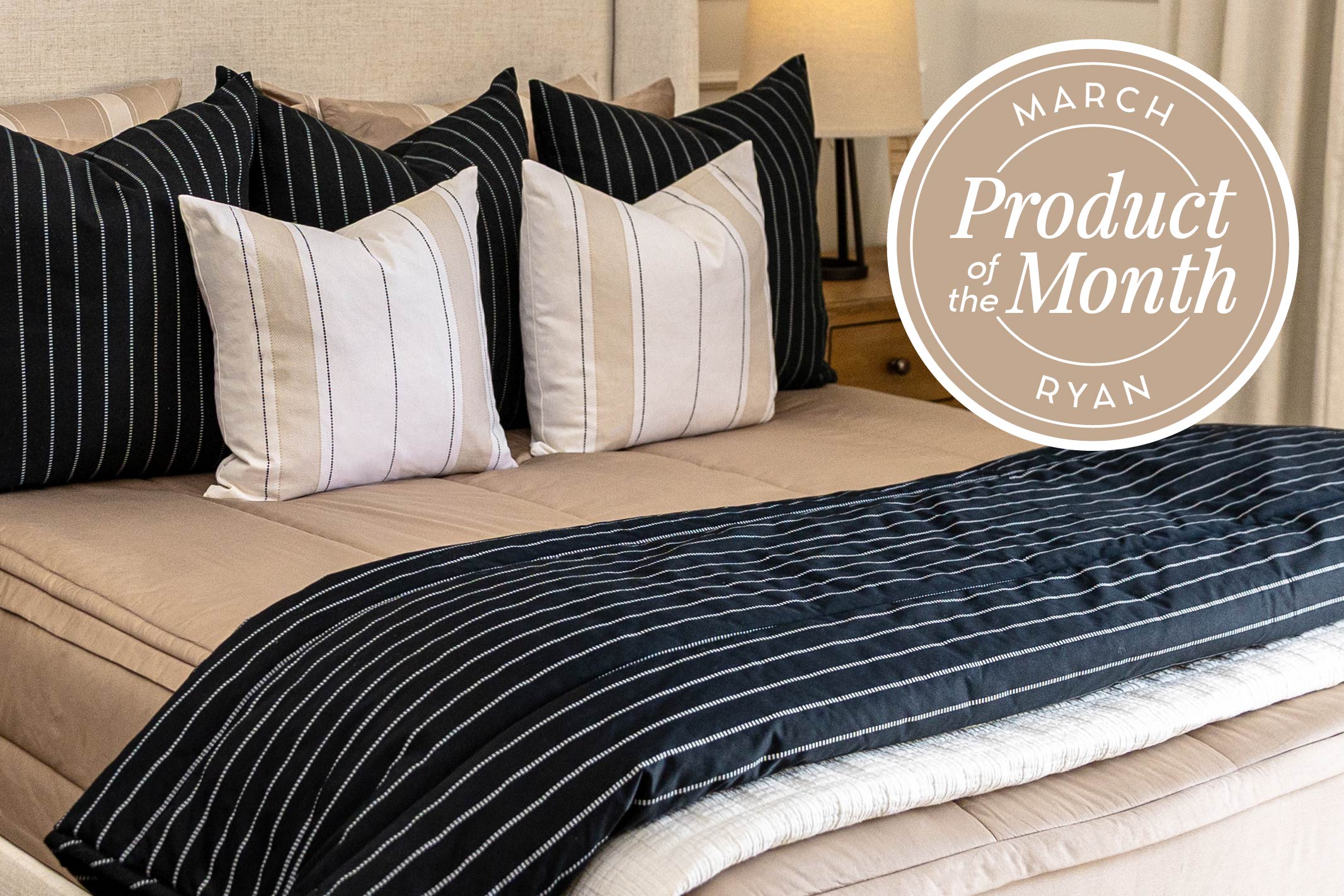 An infographic detailing the product of the month for March is Ryan Beddy's with the zipper bedding showcased.