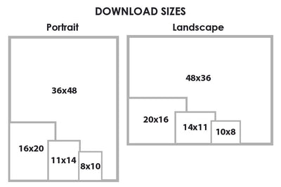 Graphic showing downloadable art sizes