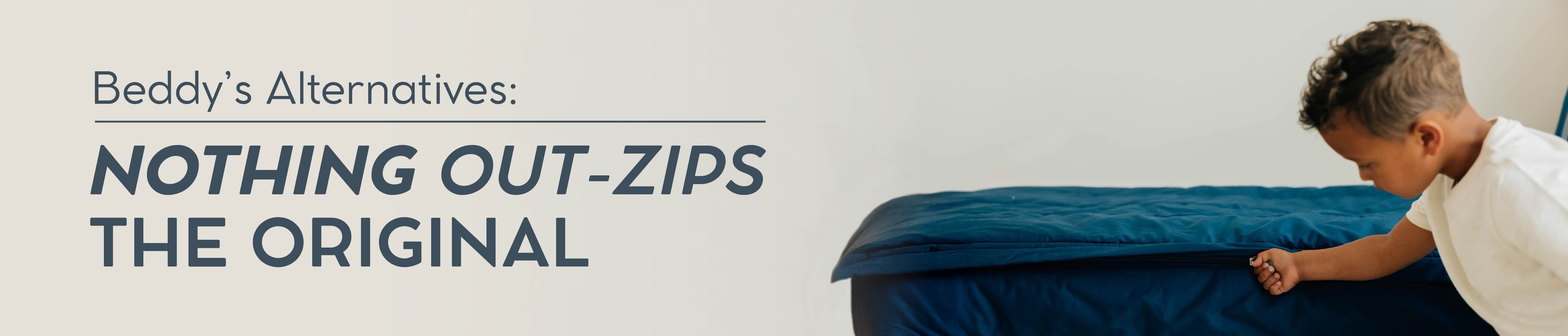 A young boy zipping up a set of blue zipper bedding.