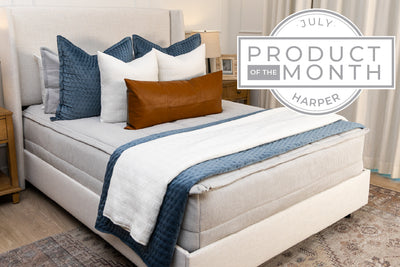An infographic detailing the product of the month for July is Harper Luxe with the zipper bedding showcased.