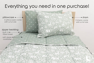An infographic explaining everything that comes with your zipper bedding, including the zipper bedding, pillowcase, and sham.