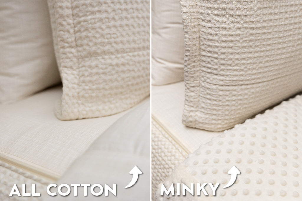 An infographic showing the options for cotton lining or minky lining in your zipper bedding set.