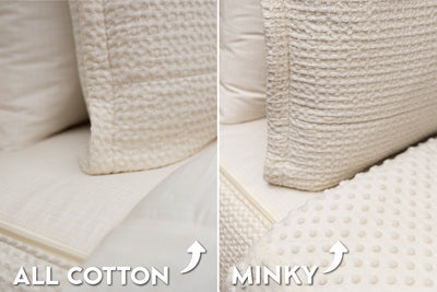 An infographic showing the options for cotton lining or minky lining in your zipper bedding set.