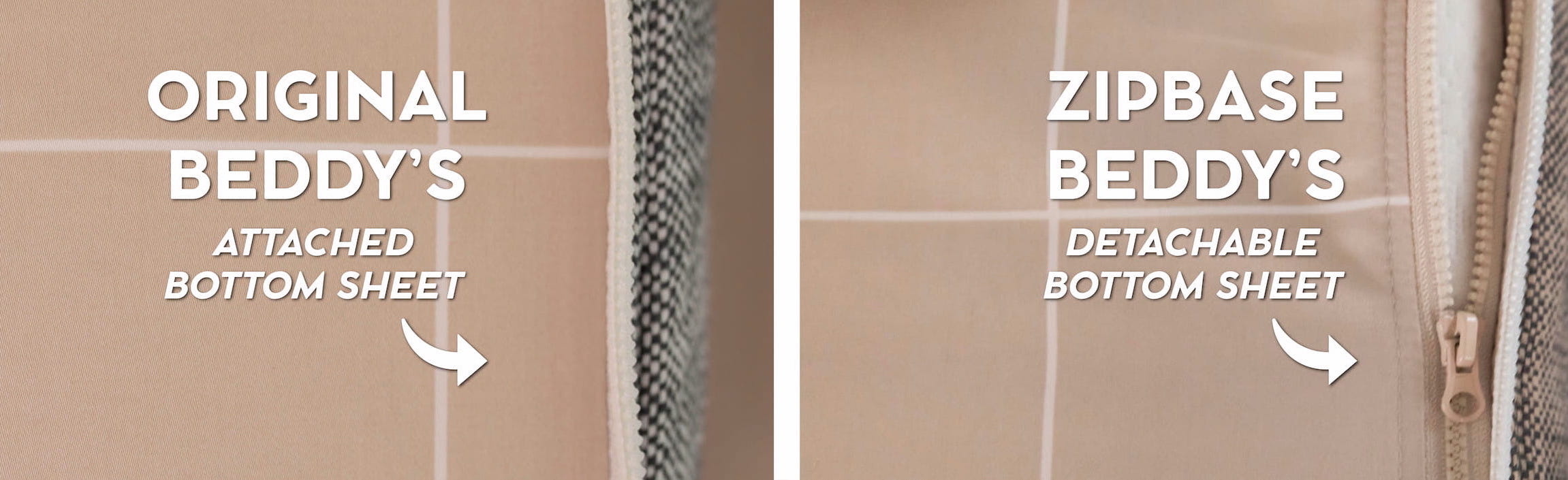 an infographic showing how original Beddy's have a sewn in, attached bottom sheet and Zipbase Beddy's have a detachable, unzippable bottom sheet.