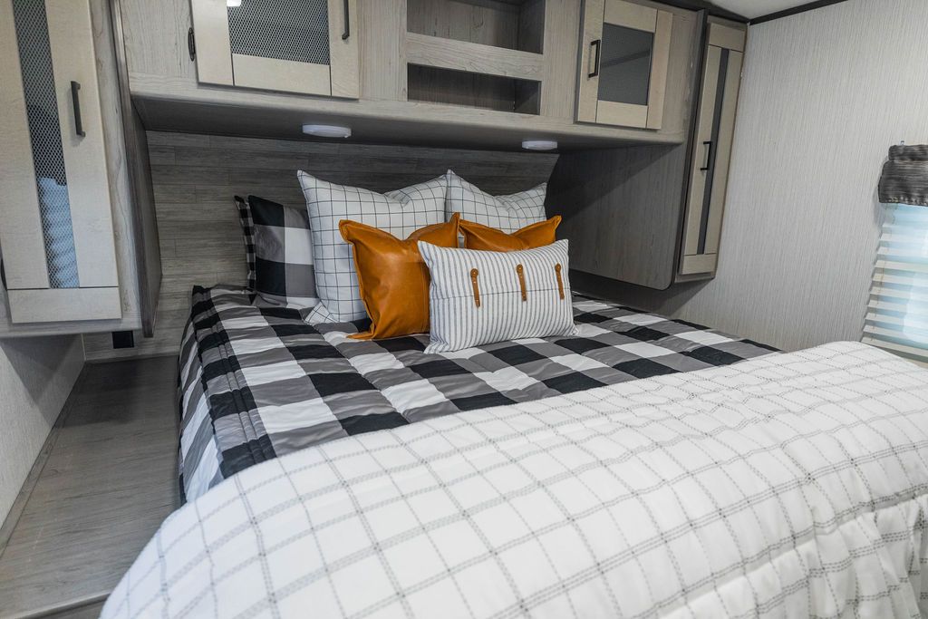 black and white checkered bedding in rv