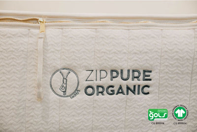 Close up of Beddy's Zip organic mattress logo