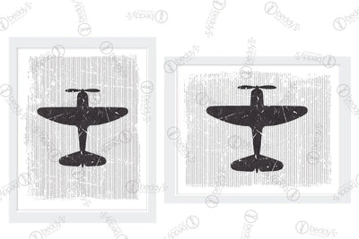 Two black silhouetted planes with gray striped backgrounds digital artworks showcased in frames.
