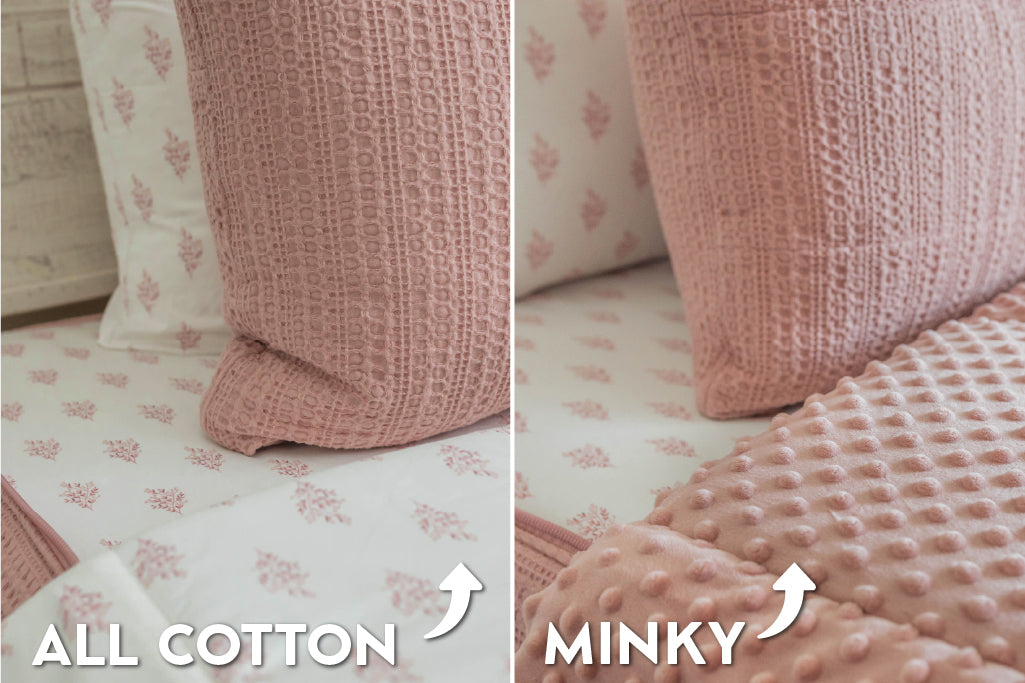 An infographic showing the options for cotton lining or minky lining in your zipper bedding set.