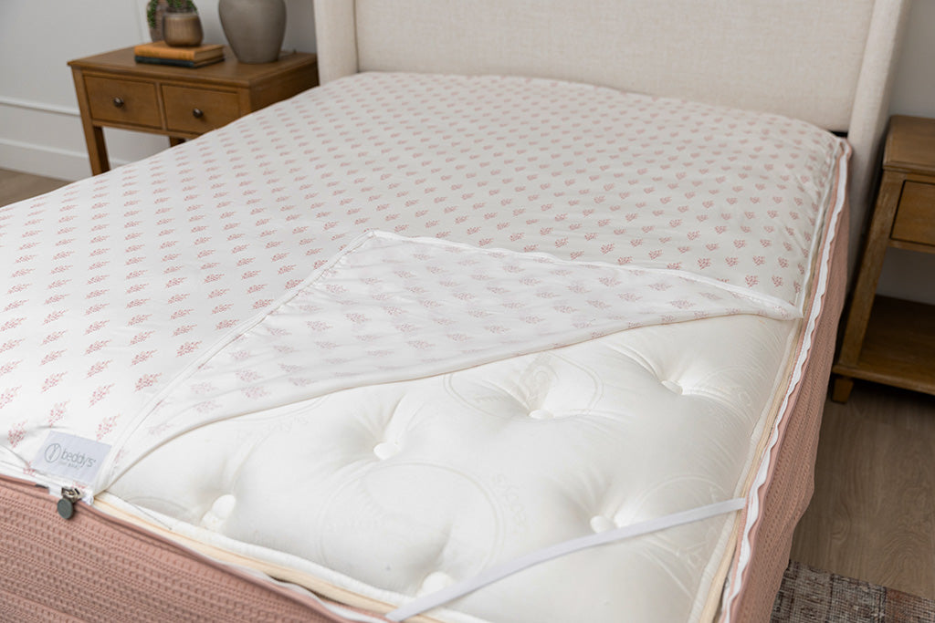 A ZipBase sheet partially unzipped and pulled back to show how it detaches from the rest of the base sheet wrapped around the sides of the mattress.