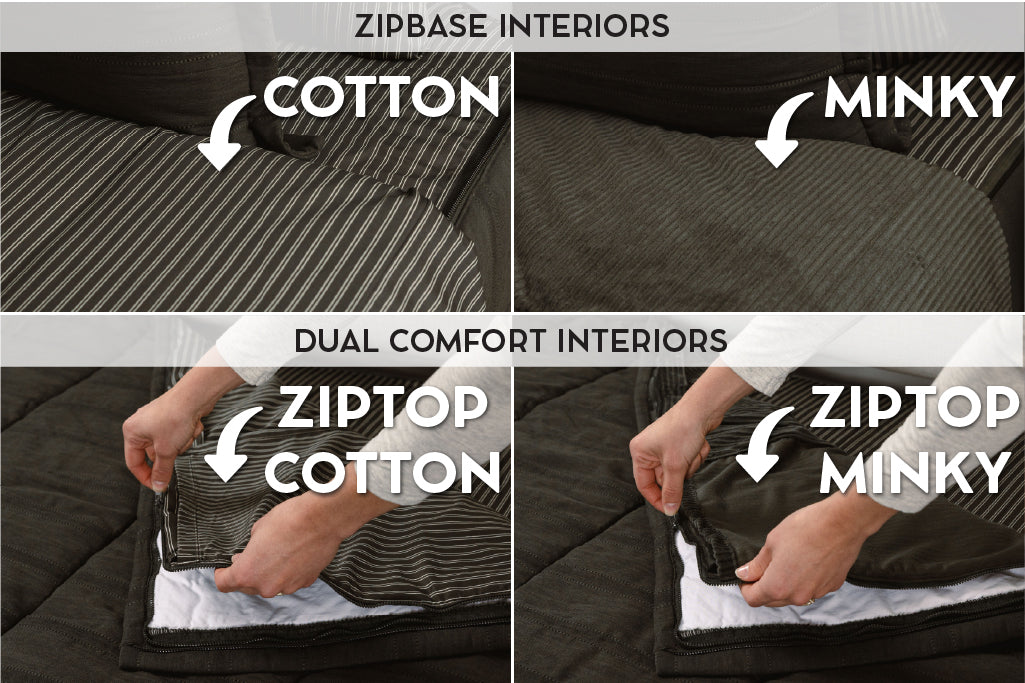 Graphic showing options for cotton lining or minky lining in your zipper bedding set.