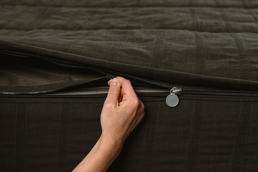 Close up of zipping layers in black knit zipper bedding.