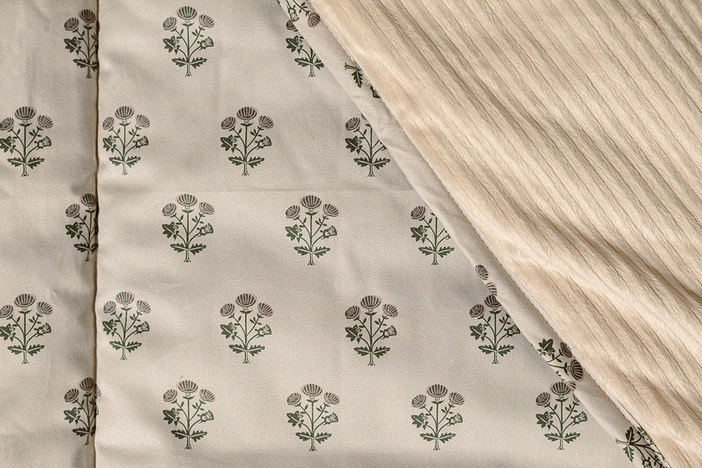 Tan, pink, and green blockprint floral with cream corduroy minky.