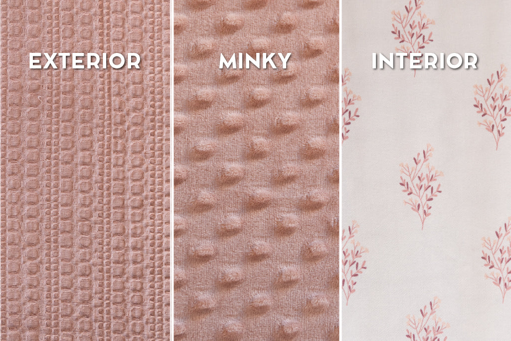 A close up view of the woven detail on pink zipper bedding, showing the exterior, minky, and interior. 