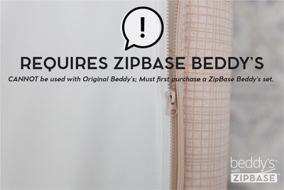 An infographic explaining that the ZipBase sheet requires a ZipBase Beddy's, zipper shown as an example.
