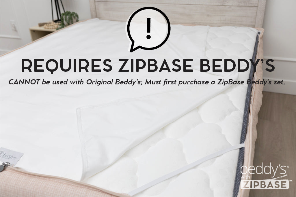 An infographic explaining that the ZipBase sheet requires a ZipBase Beddy's with the sheet unzipped as an example.