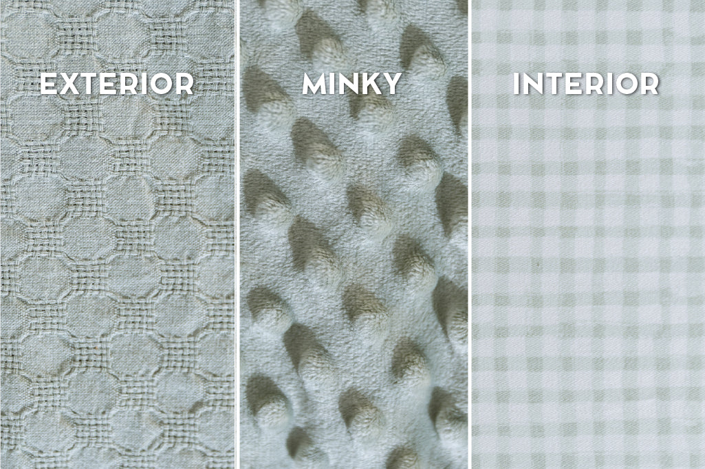 A close up view of the woven detail on sage zipper bedding, showing the exterior, minky, and interior. 
