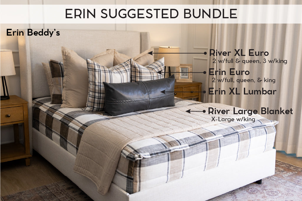 An infographic explaining what comes in a suggested full/queen zipper bedding bundle purchase, including your all in one bedding set, decorative pillows, and blanket.