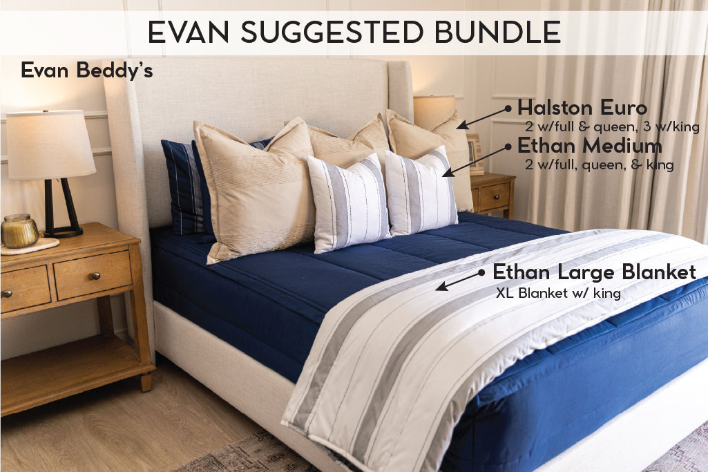 An infographic explaining what comes in a suggested full/queen zipper bedding bundle purchase, including your all in one bedding set, decorative pillows, and blanket.