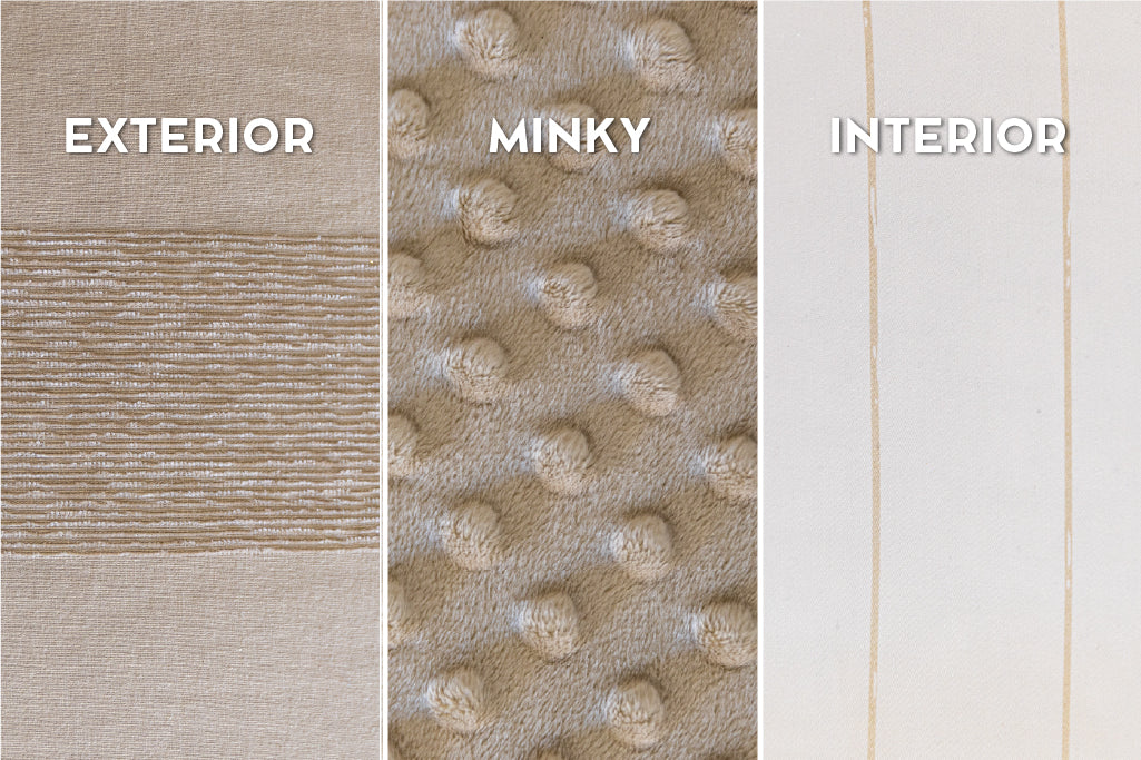 A close up view of the tan zipper bedding, showing the exterior, minky, and interior. 