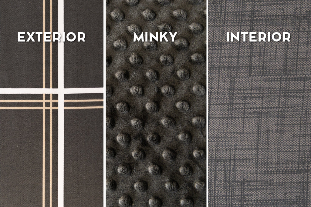 A close up view of the woven detail on charcoal zipper bedding, showing the exterior, minky, and interior. 