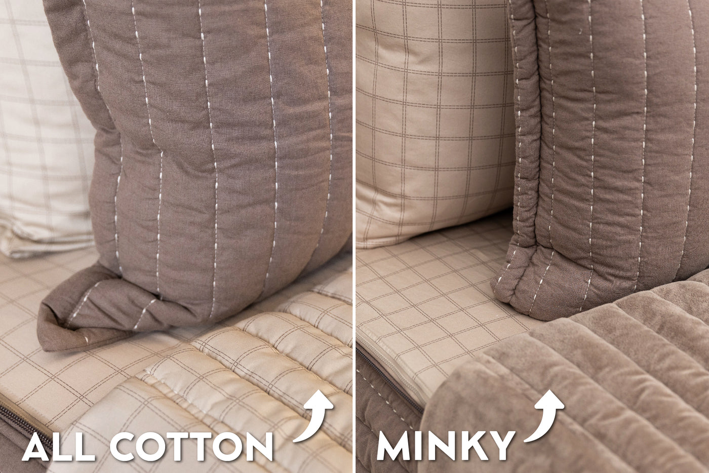 An infogrpahic detailing the different lining options on Beddy's zipper bedding, minky or cotton