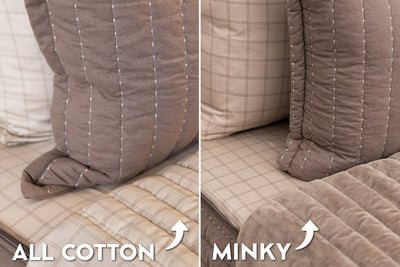 An infogrpahic detailing the different lining options on Beddy's zipper bedding, minky or cotton