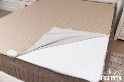 the Zipbase sheet on a set of brown zipper bedding unzipped and pulled back
