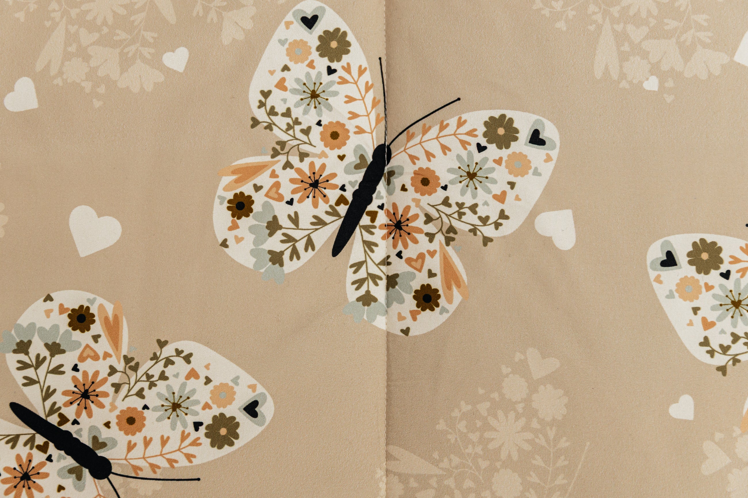 A close up of the butterfly design on a set of butterfly zipper bedding.