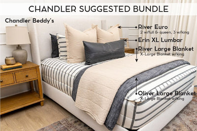 An infographic explaining what comes in a suggested zipper bedding bundle purchase, including your all in one bedding set, decorative pillows, and blankets.