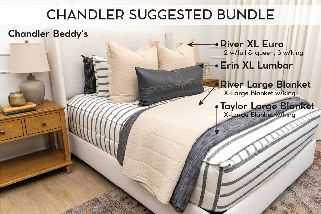 An infographic explaining what comes in a suggested zipper bedding bundle purchase, including your all in one bedding set, decorative pillows, and blankets.