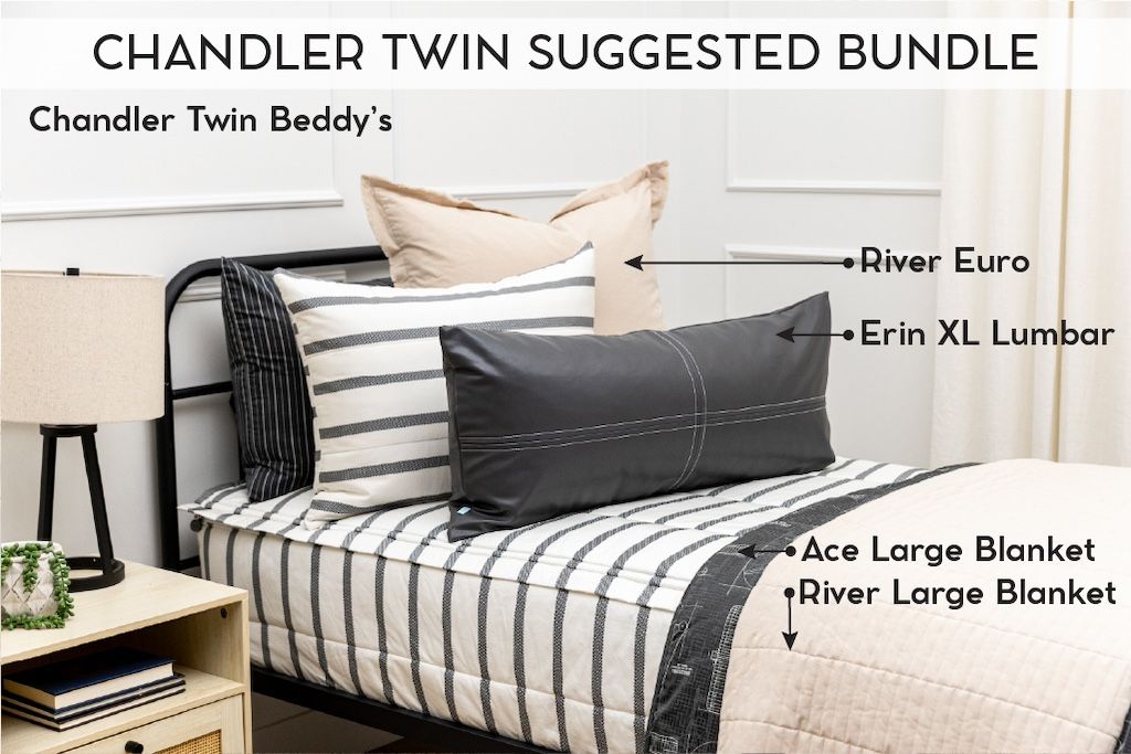 An infographic explaining what comes in a suggested twin zipper bedding bundle purchase, including your all in one bedding set, decorative pillows, and blankets.