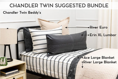 An infographic explaining what comes in a suggested twin zipper bedding bundle purchase, including your all in one bedding set, decorative pillows, and blankets.