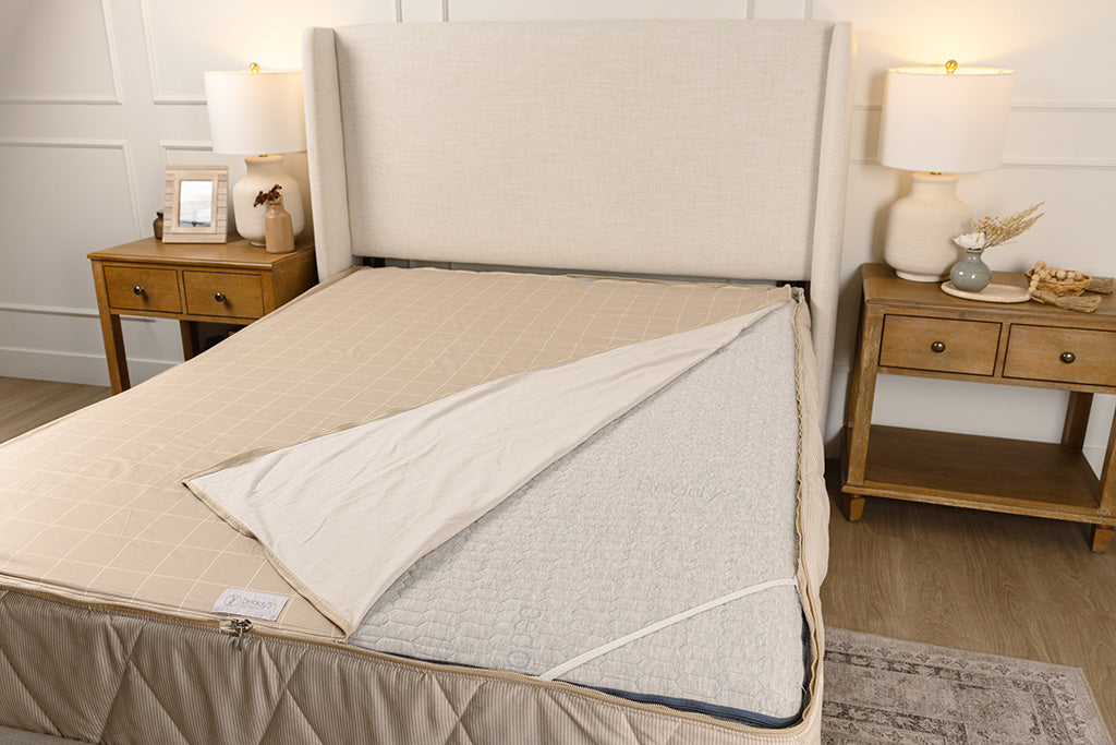 A photo showing the zipbase sheet function of your zipper bedding.