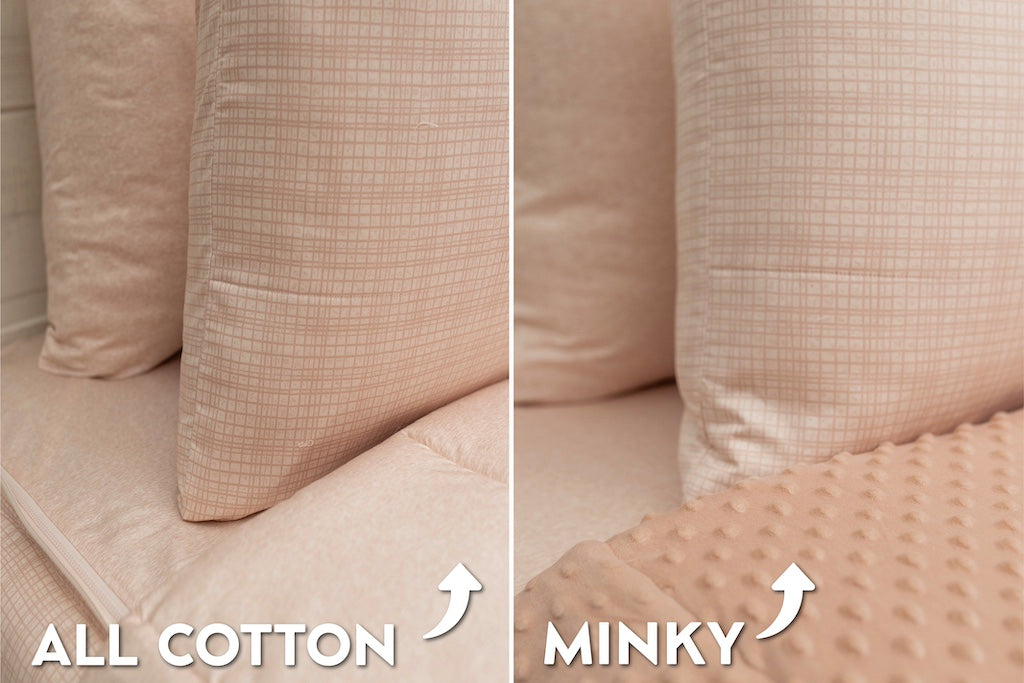 An infographic showing the options for cotton lining or minky lining in your zipper bedding set.
