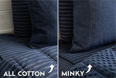 An infographic showing the options for cotton lining or minky lining in your zipper bedding set.