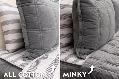 An infographic explaining the different lining options for a gray zipper bedding set, cotton or minky