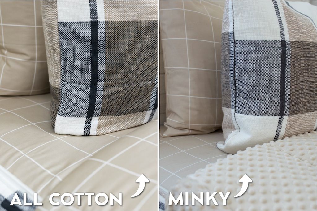 An infographic showing the options for cotton lining or minky lining in your zipper bedding set.