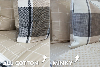 An infographic showing the options for cotton lining or minky lining in your zipper bedding set.