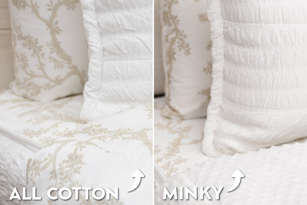 An infographic showing the options for cotton lining or minky lining in your zipper bedding set.