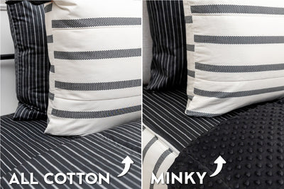 An infographic showing the options for cotton lining or minky lining in your zipper bedding set.