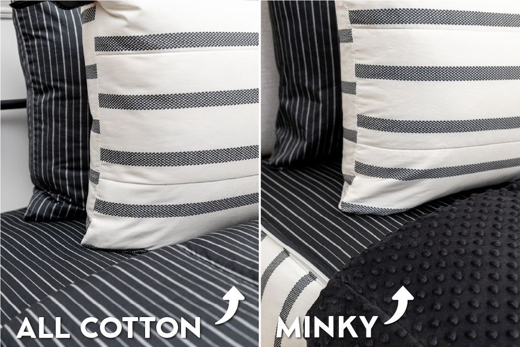 An infographic showing the options for cotton lining or minky lining in your zipper bedding set.