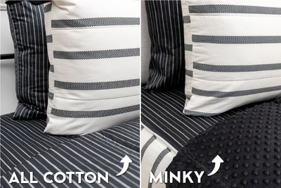 An infographic showing the options for cotton lining or minky lining in your zipper bedding set.
