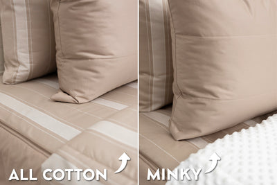 An infographic showing the options for cotton lining or minky lining in your zipper bedding set.