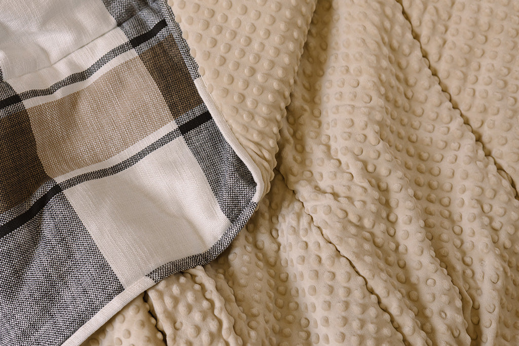 Photo that shows both tan minky and plaid blanket