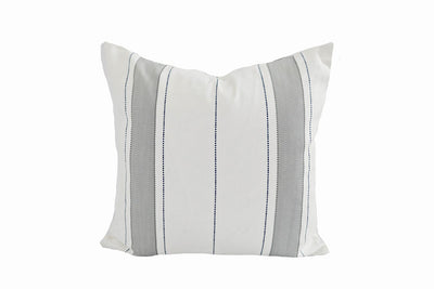 A white pillow with gray striping on a white background.