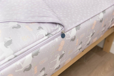 A close up on the zipper feature of a set of purple unicorn kids zipper bedding