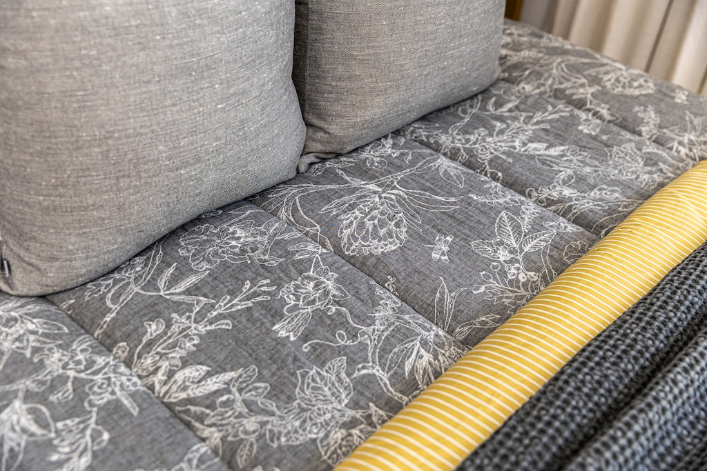 Close up photo of sketched floral zipper bedding.