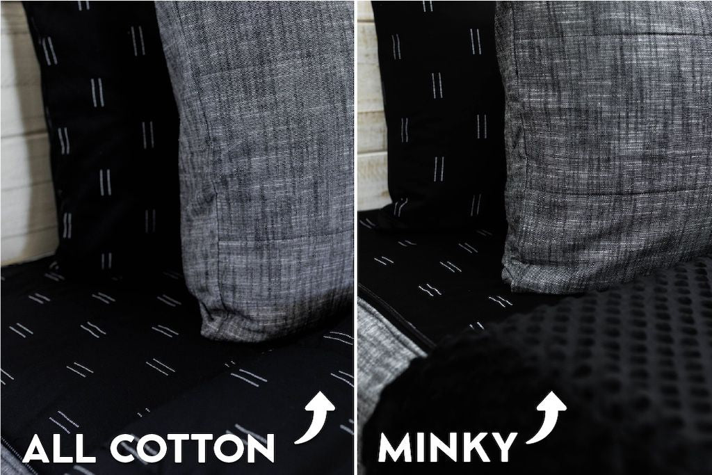 An infographic showing the options for cotton lining or minky lining in your zipper bedding set.